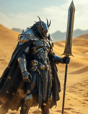 The primary subject of the image is a man dressed in a costume, possibly a knight or a warrior, standing in a desert-like environment. He is holding a sword in his hand, and his outfit appears to be made of metal. The setting is a sandy area with mountains in the background, creating a dramatic and adventurous atmosphere. The visual style of the image is a combination of photo and digital art, giving it a unique and detailed appearance. The colors in the image are predominantly earth tones, such as brown, beige, and orange, which contribute to the overall mood of the scene.